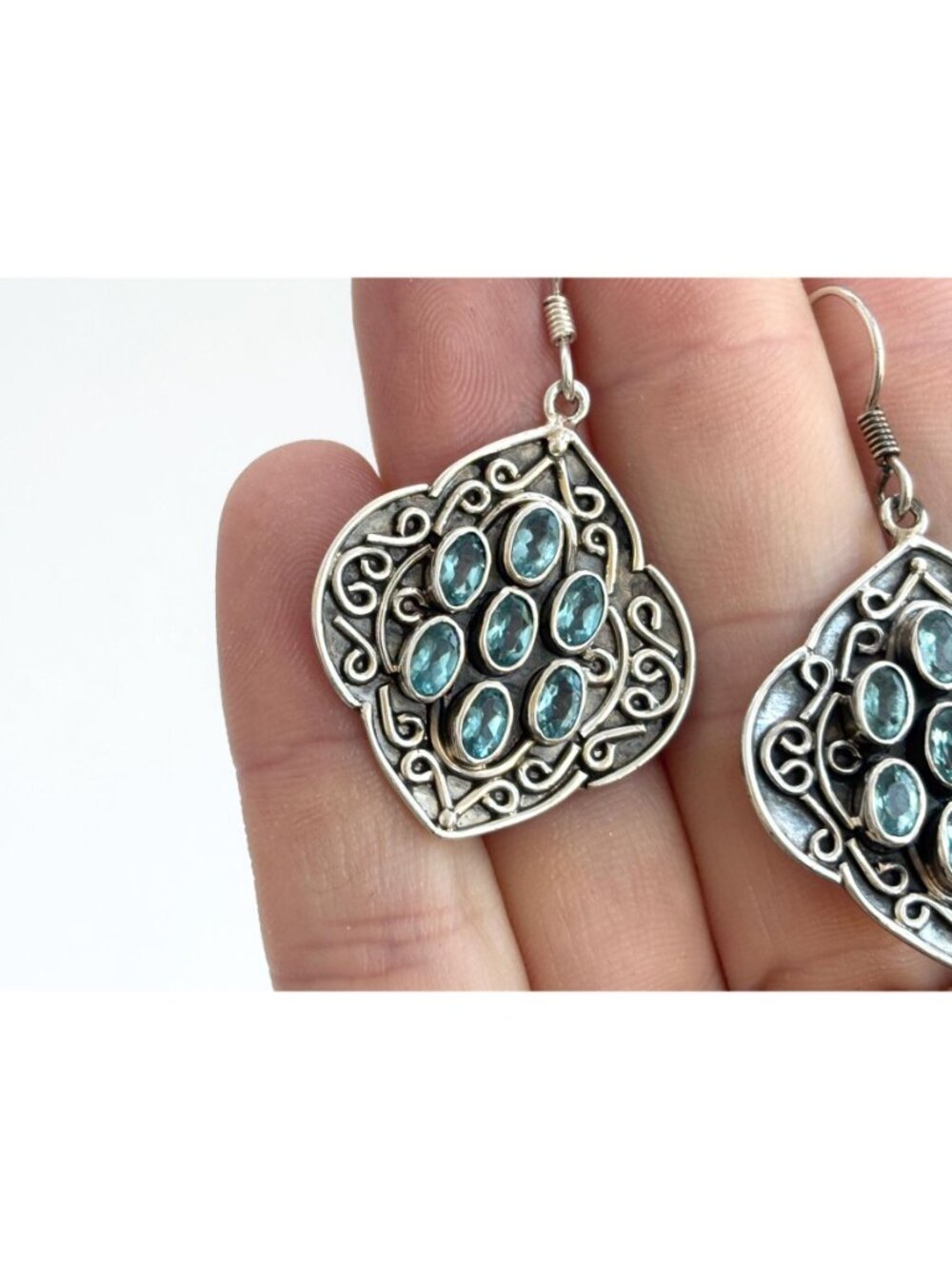 Blue Topaz Gemstone Oval Balinese Inspired Sterling Silver Vintage 925 Earrings - Picture 10 of 14